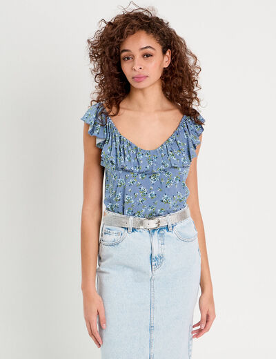 Blouse col volants bleu foncé femme