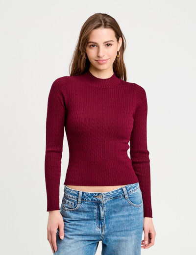 Pull col montant torsades bordeaux femme