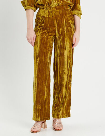 Pantalon large fluide velours vert olive femme