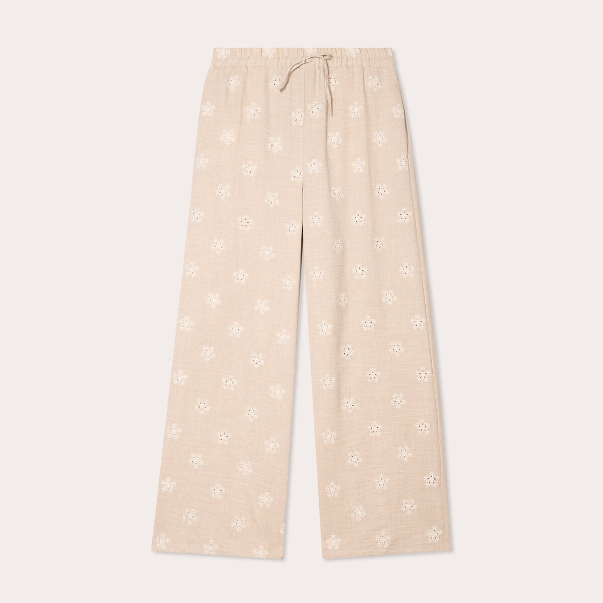 Pantalon large brodé taupe femme