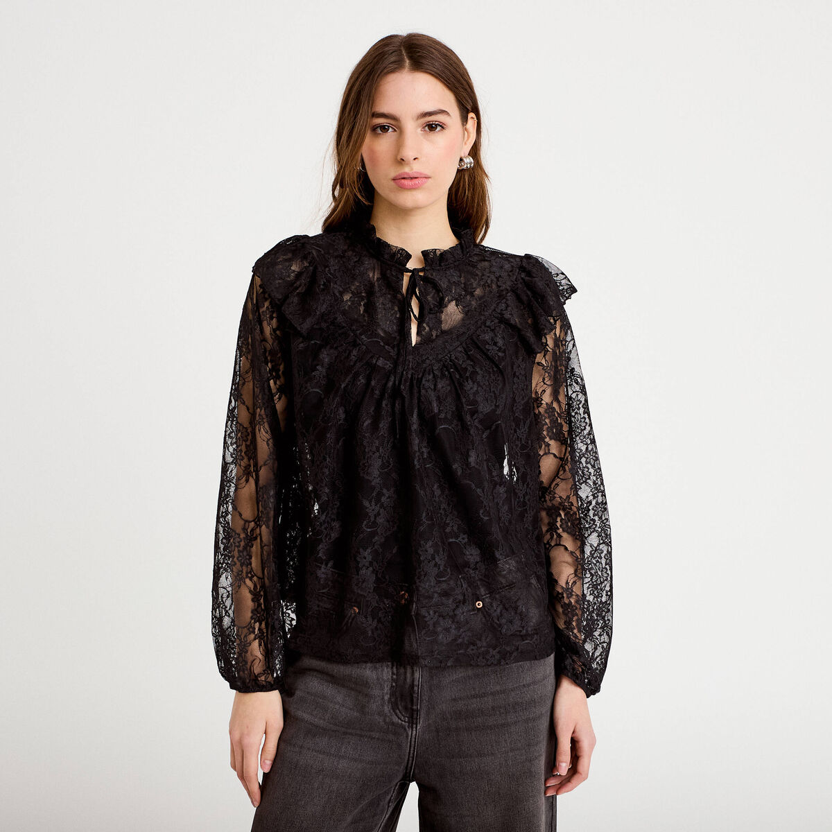 Blouse col rond manches longues dentelle noir femme
