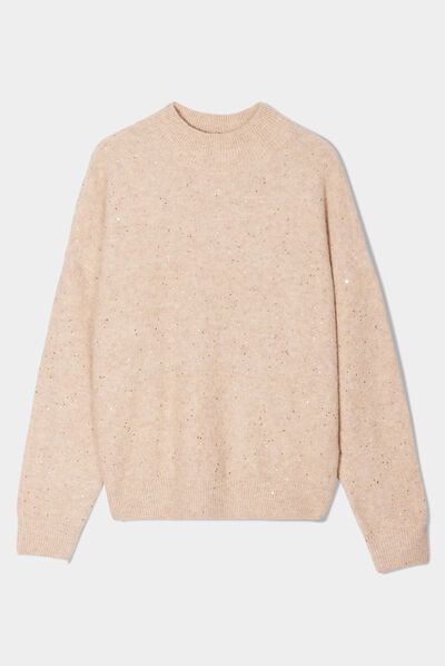 Pull manches longues sequins beige femme