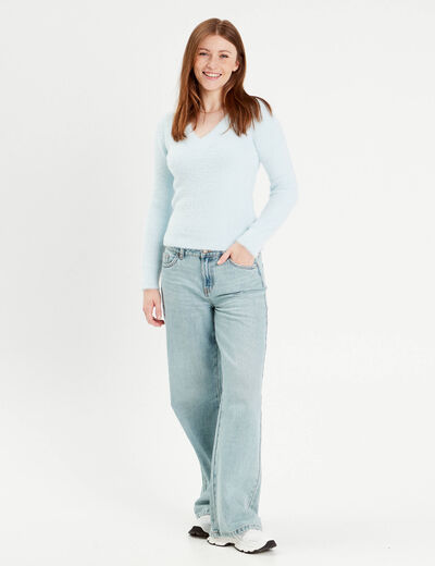 Pull manches longues col en V bleu pastel femme