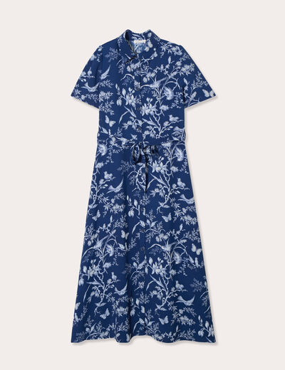 Robe chemise longue ceinturée bleu marine femme