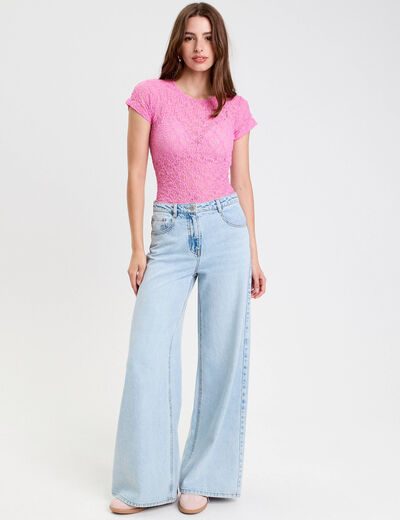 Body ajusté manches courtes dentelle rose femme