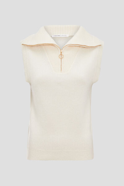 Pull débardeur avec col zippé ecru femme
