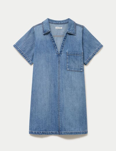 Robe trap&egrave;ze courte en jean col chemise denim double stone femme