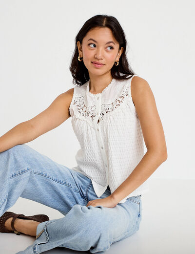 Blouse sans manches plastron brod&eacute; ecru femme