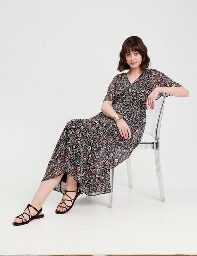 Robe longue évasée col en V noir femme