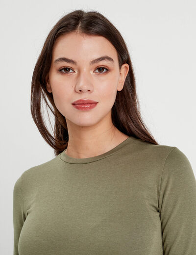 T-shirt cintr&eacute; col rond manches longues vert kaki femme