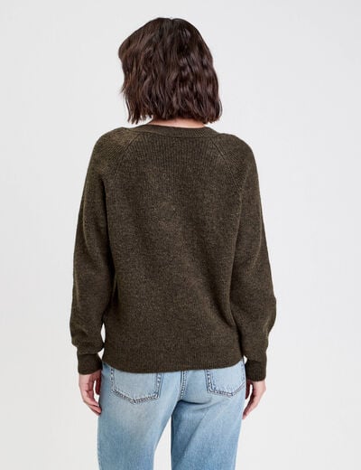 Pull avec col en V vert kaki femme