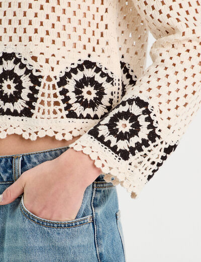 Pull effet crochet beige femme