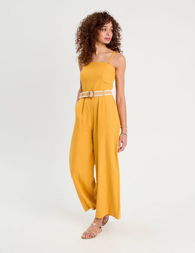 Combinaison pantalon bretelles avec lin jaune citron femme