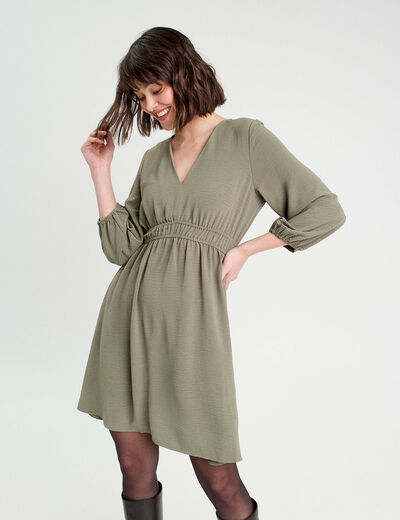 Robe évasée manches 3/4 vert kaki femme
