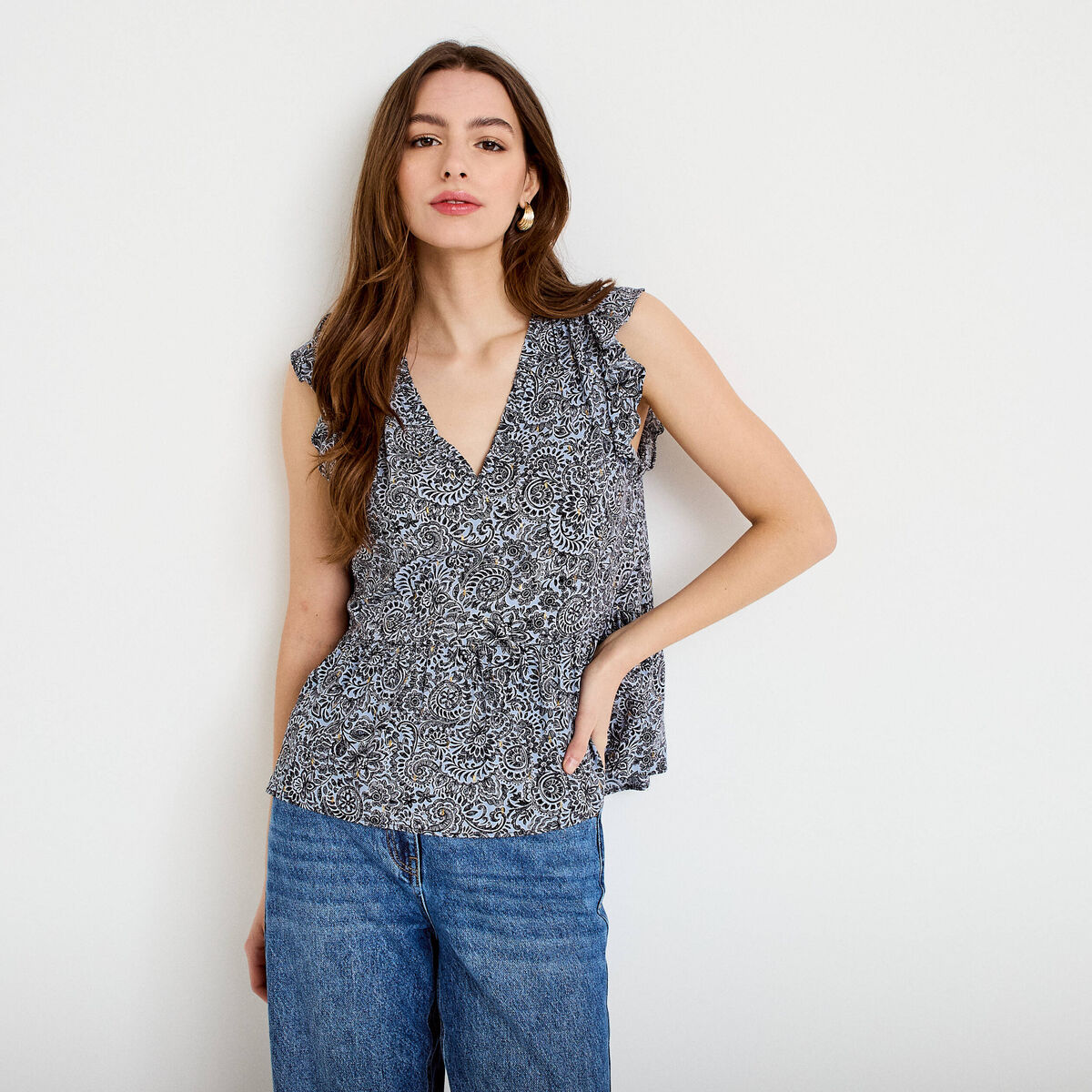 Blouse sans manches col v bleu femme