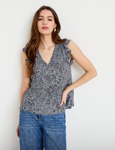Blouse sans manches col v bleu femme