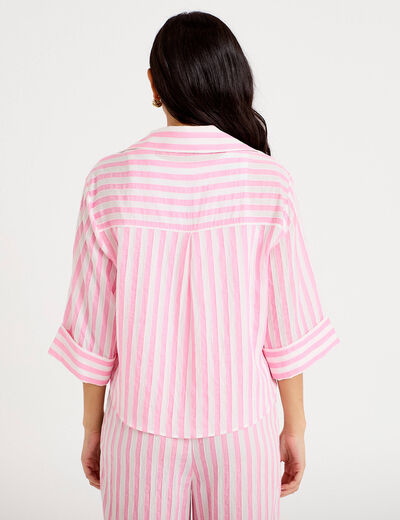 Blouse ample col tunisien manches 3/4 rose femme
