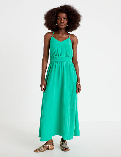 Robe &eacute;vas&eacute;e 3/4 col v bretelles vert femme