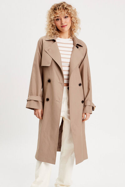 Trench long cintré ceinturé sable femme