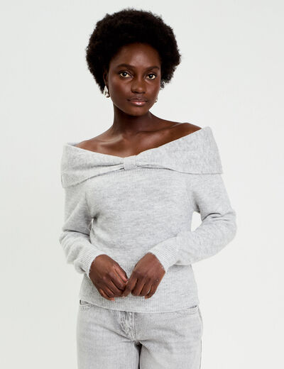 Pull col bardot manches longues gris clair femme