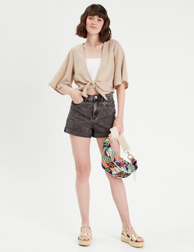 Blouse manches 3/4 nouée beige femme