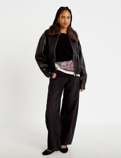 Veste droite similicuir col tailleur noir femme