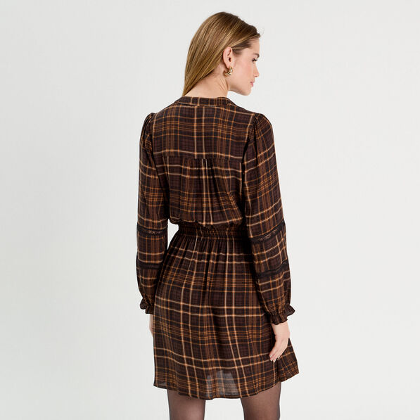 Robe évasée détails dentelle marron foncé femme