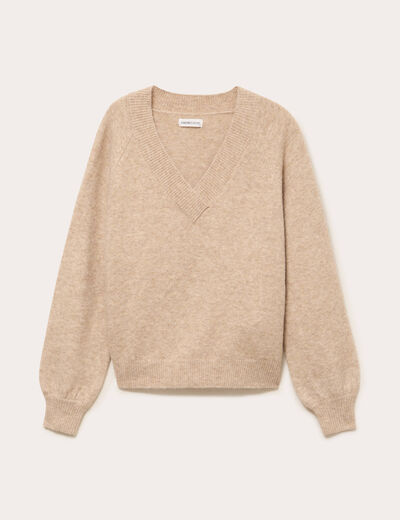 Pull col v manches longues beige femme