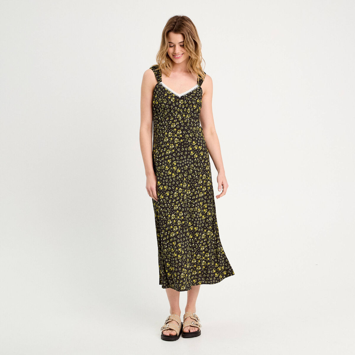 Robe longue évasée jaune clair femme