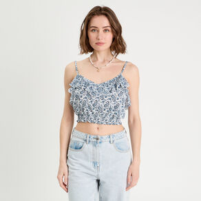 Blouse cropped volants bleu femme