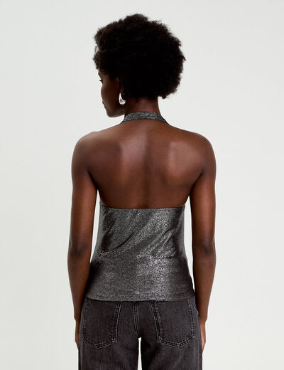 Top ajust&eacute; sans manches col b&eacute;nitier gris argent femme