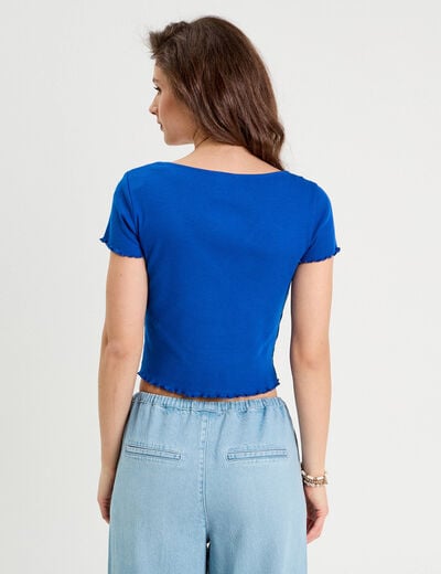 T-shirt côtelé manches courtes bleu electrique femme