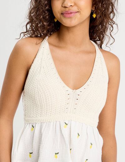 Débardeur tricot brodé ecru femme