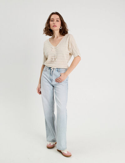 Pull ajouré manches 3/4 ecru femme