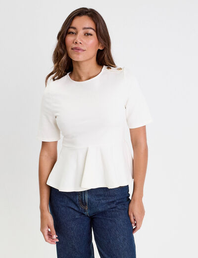 Top cintré col rond manches longues ecru femme
