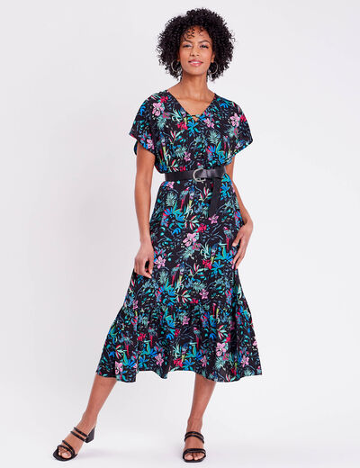 Robe longue à manches courtes noir femme
