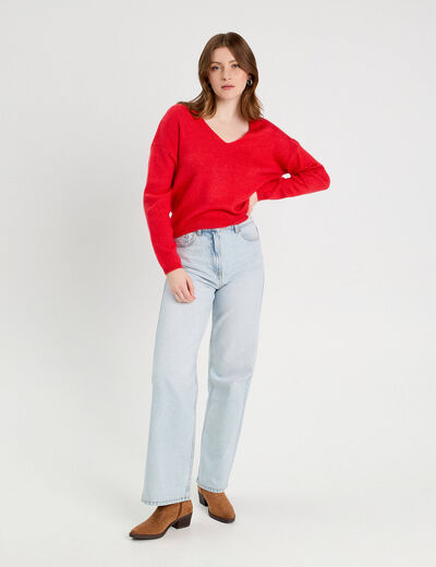 Pull manches longues col en V rouge femme
