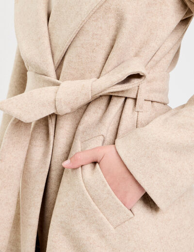 Manteau ceintur&eacute; &agrave; capuche beige femme