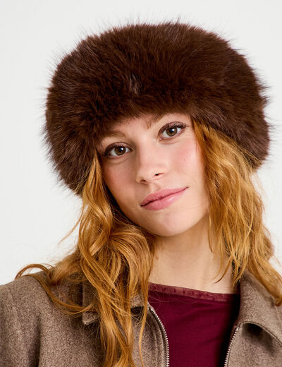 Bonnet en fausse fourrure marron fonc&eacute; femme