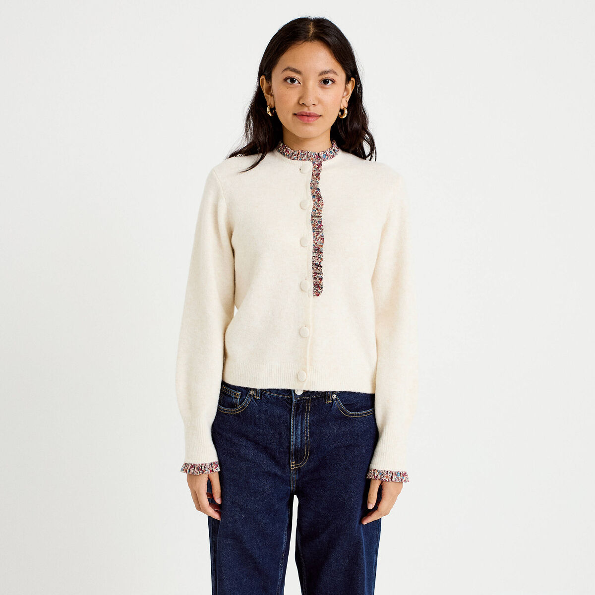 Gilet col rond manches longues ecru femme