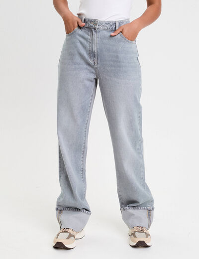Jeans droit à revers denim gris femme
