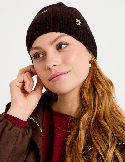 Bonnet avec broderie marron fonc&eacute; femme