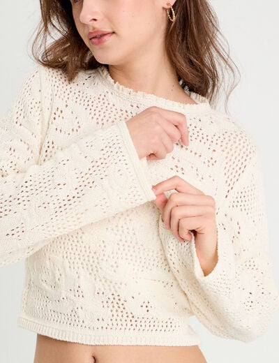 Pull ajouré manches longues ecru femme