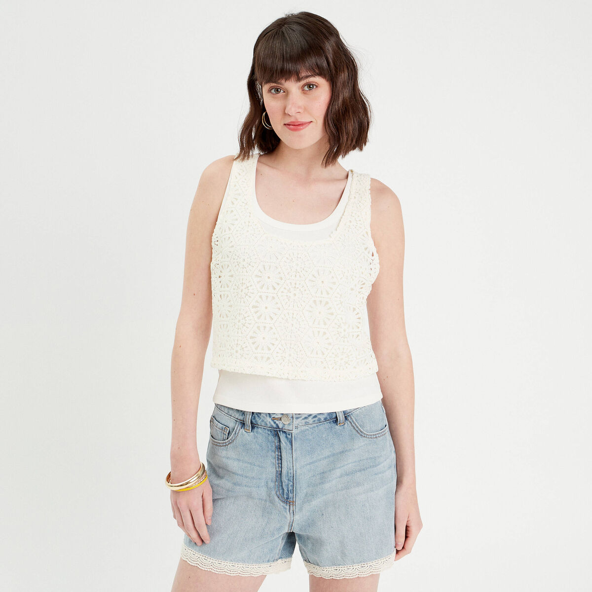 Débardeur 2-en-1 crochet ecru femme