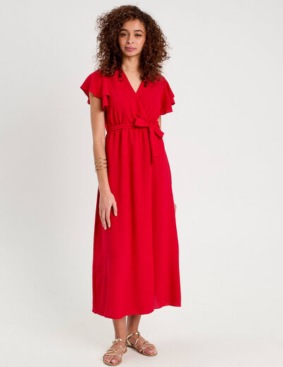 Robe longue évasée cache-coeur rouge fluo femme