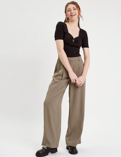 Pantalon large à pinces vert kaki femme