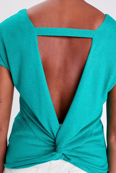 Pull col en V dos ouvert vert femme