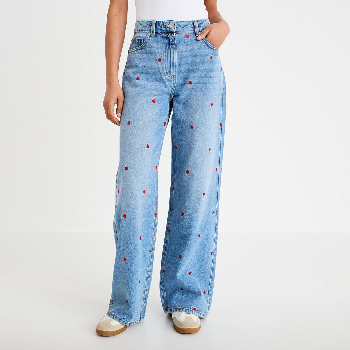 Jean wide leg taille haute brod&eacute; denim double stone femme