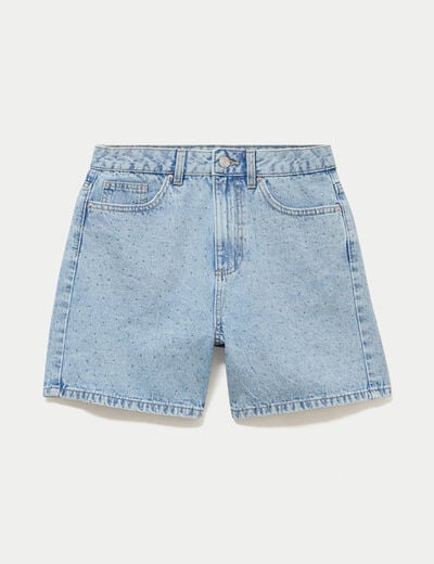 Short mom taille haute en jean strass denim triple stone femme