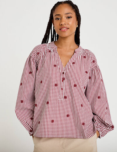 Blouse vichy brod&eacute;e rouge femme